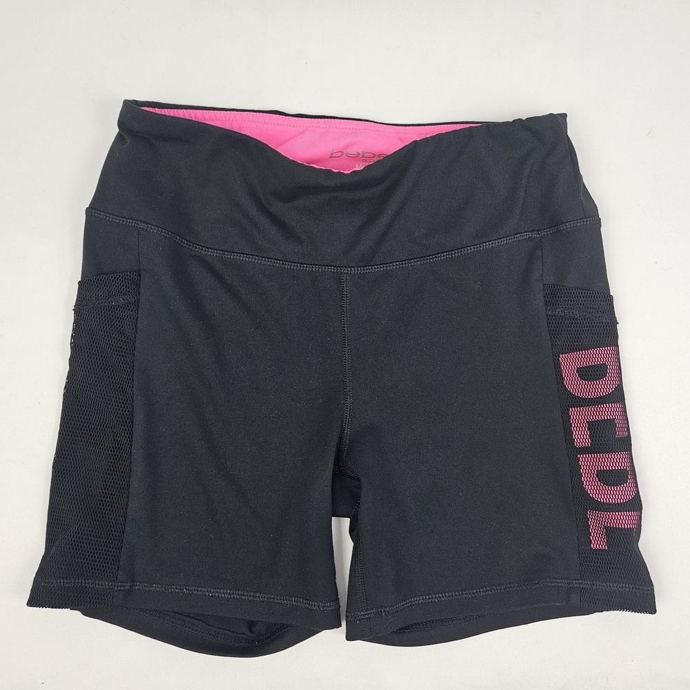 bebe Sport Bike Shorts Pockets Logo Women's Medium Black Pink